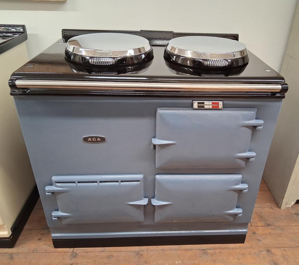 <p>Post 74 2 Oven Aga cooker with plinth</p><p>Fully reconditoned enamelled in Somerset Blue</p><p>Electrickit control system</p>